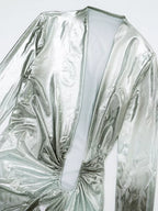 Shiny Color Block Deep Plunge V Neck Metal Tirm Long Straps Maxi Dress Glam Long Sleeve Metallic Party Dress Clubwear