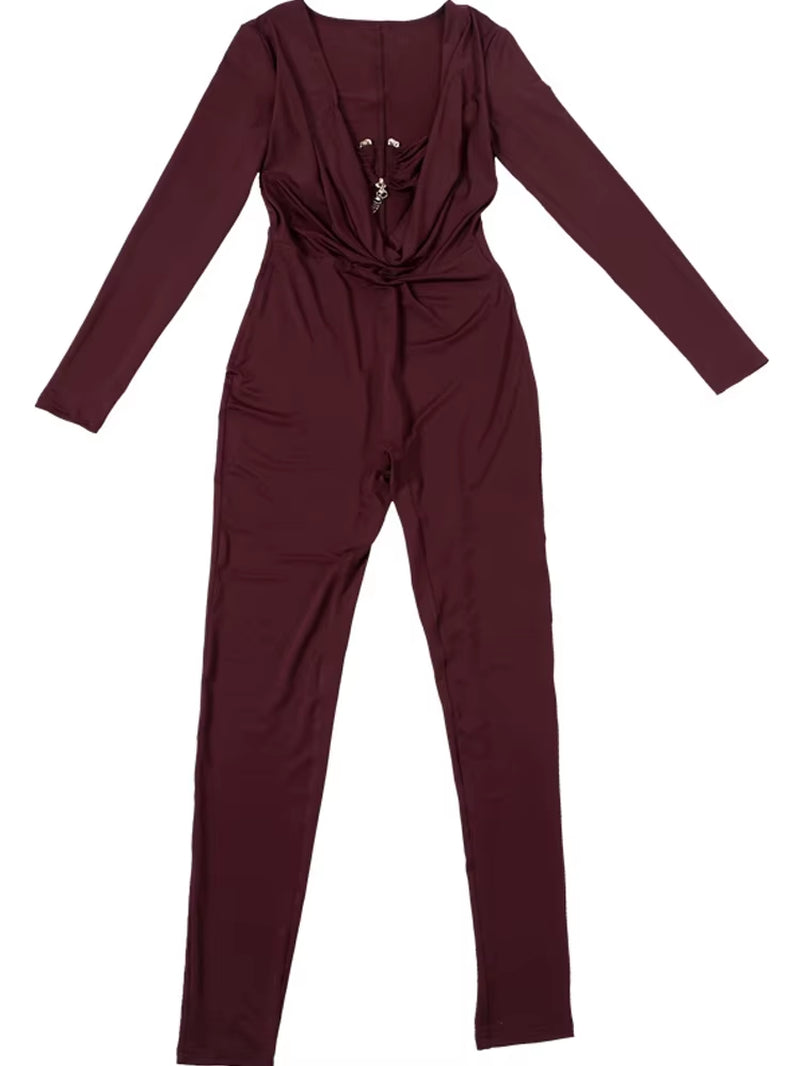 Hot Women'S Cutout Buckle Draped Skinny Jumpsuits One Piece Outfits Fashion Long Sleeve Metal Romper Night Out Overalls