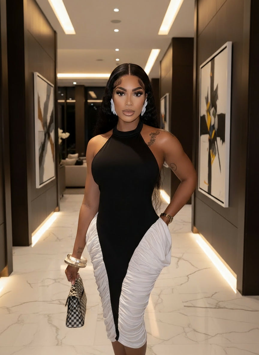 Two-Tone Masterpiece Women'S Halter Neck Ruched Midi Dress Elegant Female Patchwork Night Out Dress Clubwear Vestidos