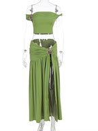 Luxury Green Gold Broach Top & Maxi Skirt Set Two-Piece Dress Holiday Outfits Women High Slit Ruched Metal Bubble Dress
