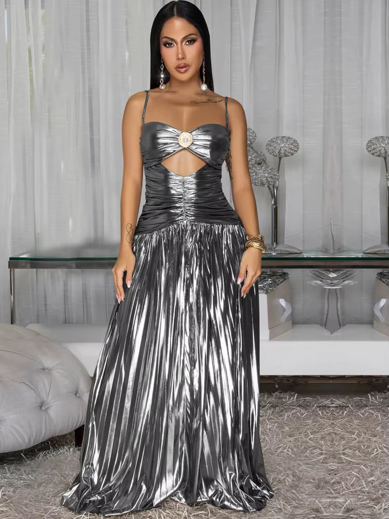 Luxury Birthday Outfits Sparkle Rose Gold Foil Pleated Maxi Dress Shiny Strappy Metallic Leather Ruched Party Dresses