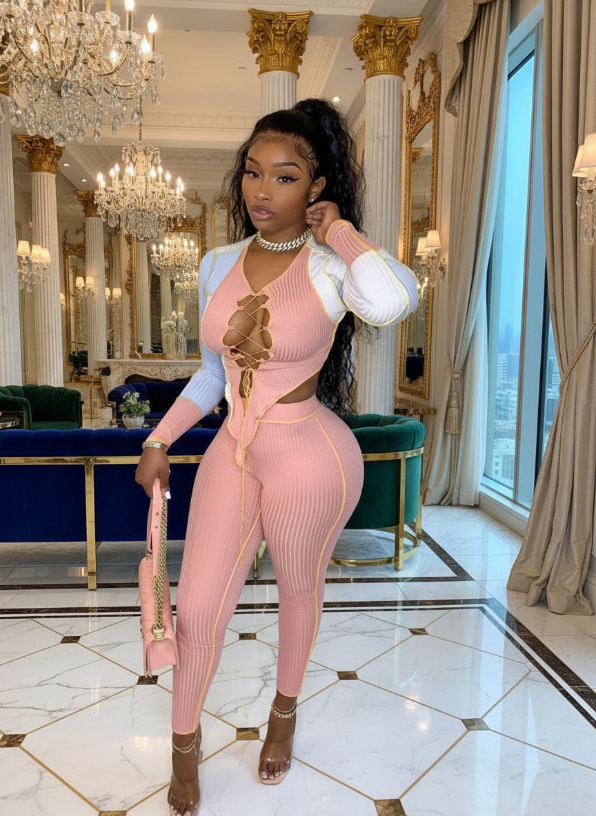 Fashion Color Block Lace-Up Long Sleeve Knitted Crop Top and Matching Pants Set Women Ribbed Tracksuits Set Clubwear