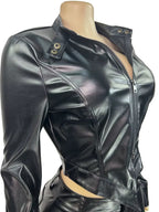 Runway Going Out Motor PU Leather Fitted Zip up Jacket+Matching Shorts Set Black Faxu Leather Two Piece Set Clubwear
