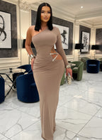 Beautiful One Sleeve Cut-Out Metal Tirm Long Maxi Dress for Women Glam Solid Color Slim Party Dress Chirstmas Outfits