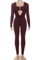 Hot Women'S Cutout Buckle Draped Skinny Jumpsuits One Piece Outfits Fashion Long Sleeve Metal Romper Night Out Overalls