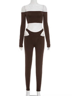 Womens off Shoulder Crop Top and Cut-Out Legging Suits Set 2 Piece Outfits Night Out Set Sporty Overalls Sexy Clubwear