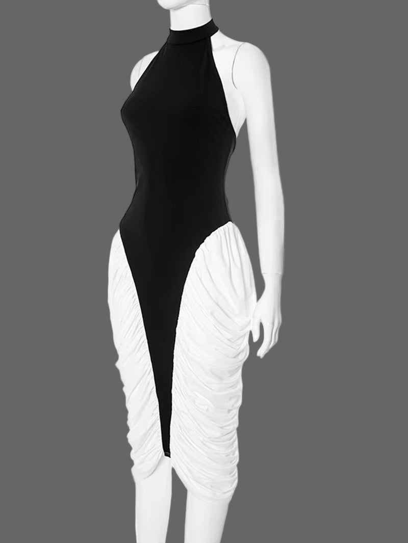 Two-Tone Masterpiece Women'S Halter Neck Ruched Midi Dress Elegant Female Patchwork Night Out Dress Clubwear Vestidos