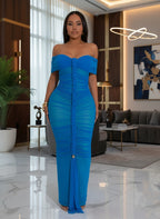 Luxe Goddess Ruched Mesh Maxi Dress Elegant Women'S off Shoulder Pleated Bandage Beach Vacation Dress Holiday Outfits