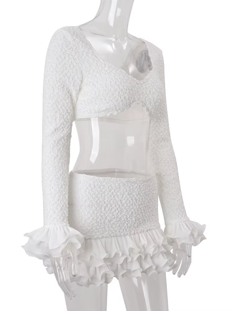 Elegant Long Sleeve Ruffle Solid Crop Top and Matching Set Holiday Outfits Chic Womens Pleated Lace Two-Piece Dress Set