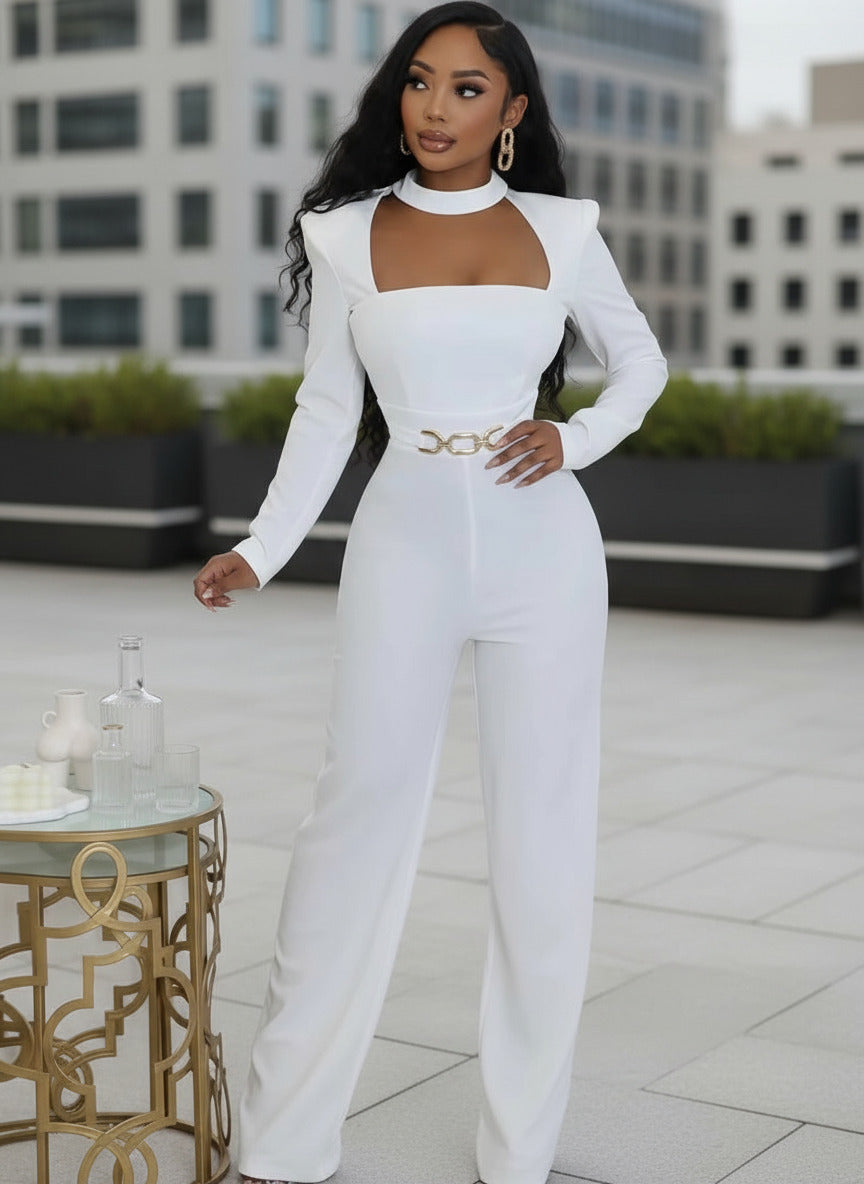 Glamours Choker Neck Metal Belted Wide Legs Jumpsuits Stretch Cut-Out Party Jumpsuits Sexy Rompers Celebrities Outfits