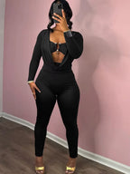 Hot Women'S Cutout Buckle Draped Skinny Jumpsuits One Piece Outfits Fashion Long Sleeve Metal Romper Night Out Overalls