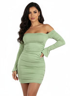 Perfect off Shoulder Long Sleeve Pleated Bodycon Short Dress for Women Lace-Up Ruched Vacation Dress Party Club Vestido