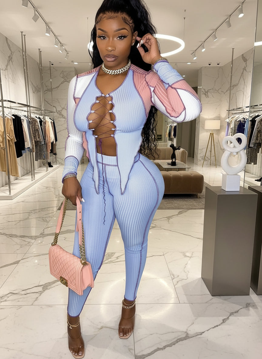 Fashion Color Block Lace-Up Long Sleeve Knitted Crop Top and Matching Pants Set Women Ribbed Tracksuits Set Clubwear