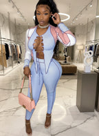 Fashion Color Block Lace-Up Long Sleeve Knitted Crop Top and Matching Pants Set Women Ribbed Tracksuits Set Clubwear