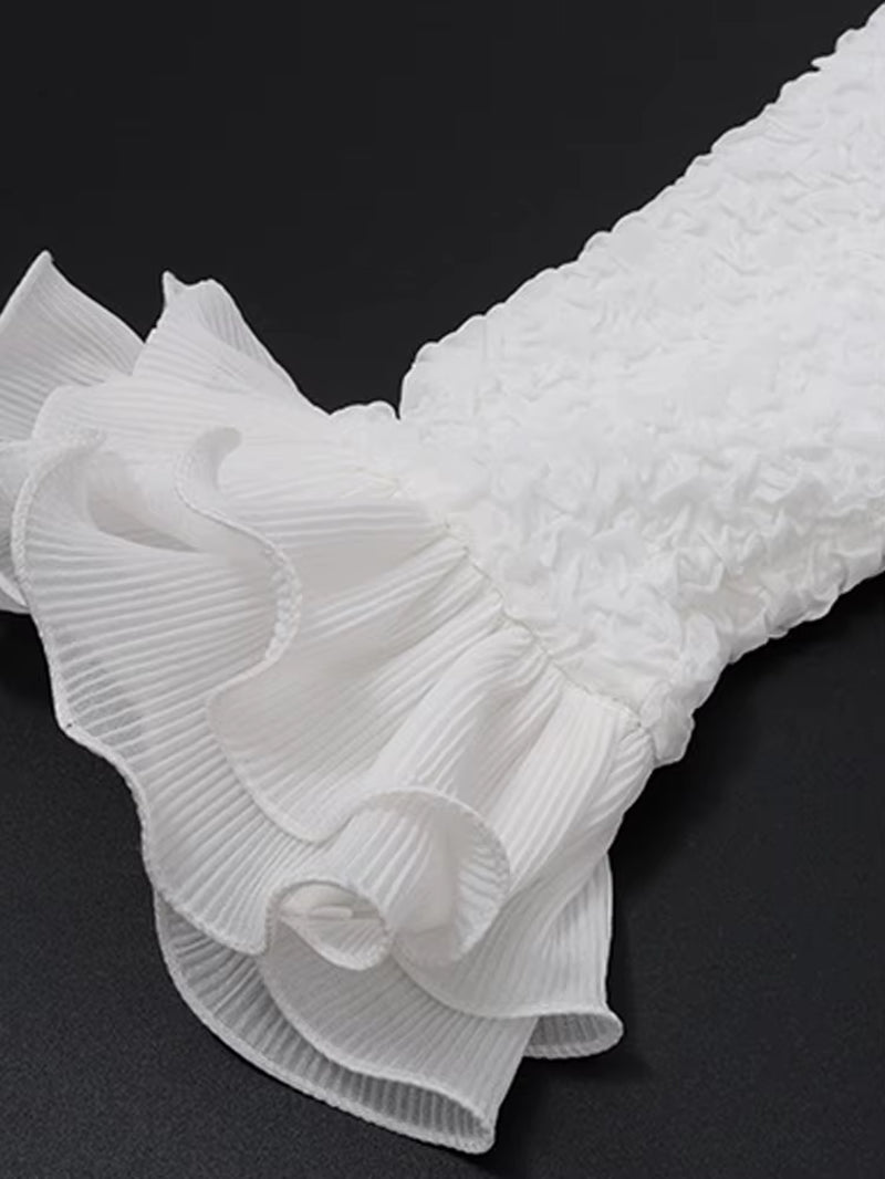 Elegant Long Sleeve Ruffle Solid Crop Top and Matching Set Holiday Outfits Chic Womens Pleated Lace Two-Piece Dress Set