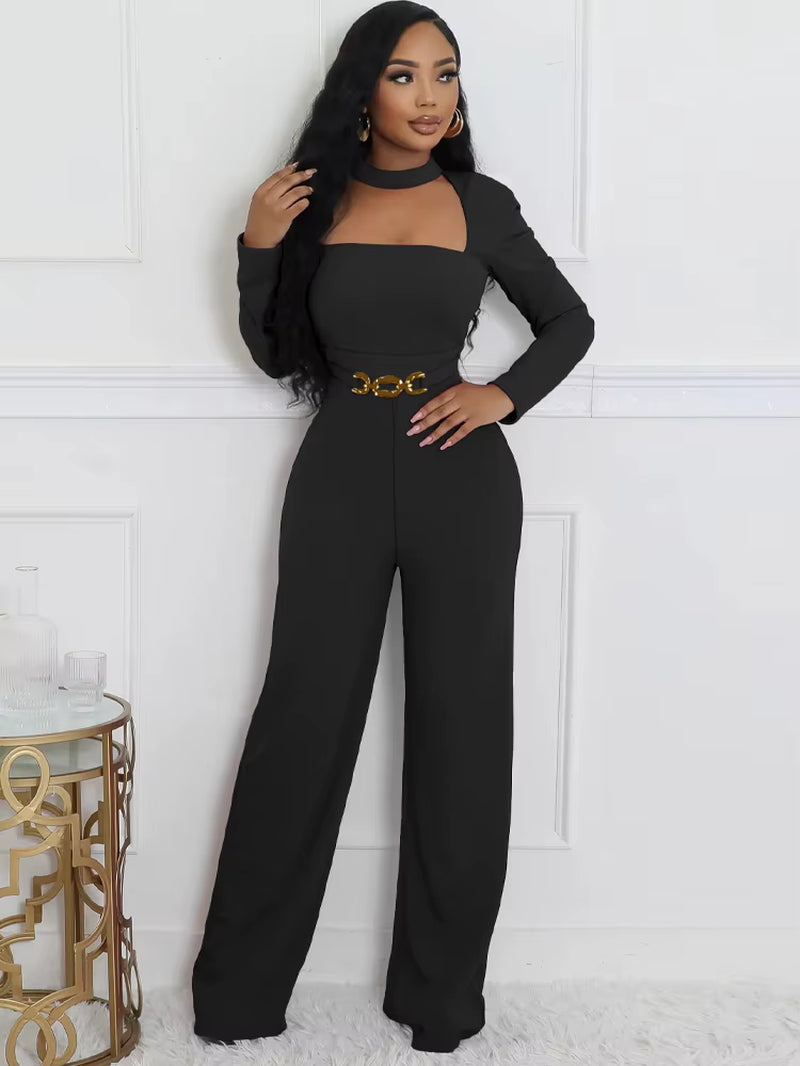 Glamours Choker Neck Metal Belted Wide Legs Jumpsuits Stretch Cut-Out Party Jumpsuits Sexy Rompers Celebrities Outfits