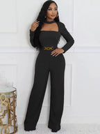 Glamours Choker Neck Metal Belted Wide Legs Jumpsuits Stretch Cut-Out Party Jumpsuits Sexy Rompers Celebrities Outfits