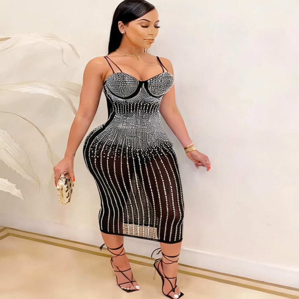 Beautiful Crystal Studded Midi Dress for Women Sparkle Spagetti Straps Bodycon Sequin Party Dress Birthday Outfits