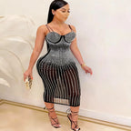 Beautiful Crystal Studded Midi Dress for Women Sparkle Spagetti Straps Bodycon Sequin Party Dress Birthday Outfits