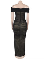 Luxe Goddess Ruched Mesh Maxi Dress Elegant Women'S off Shoulder Pleated Bandage Beach Vacation Dress Holiday Outfits