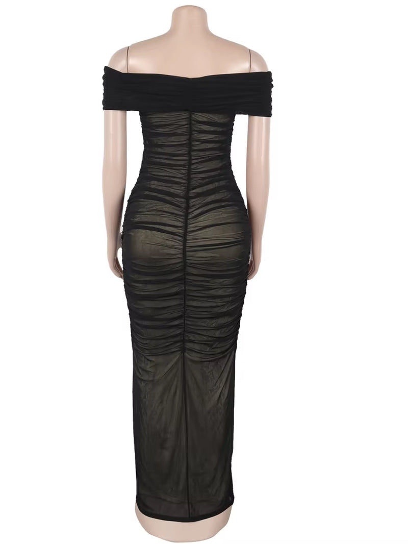 Luxe Goddess Ruched Mesh Maxi Dress Elegant Women'S off Shoulder Pleated Bandage Beach Vacation Dress Holiday Outfits