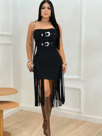 Luxury Birthday Dress Woman Glam off Shoulder Buckle Fringed Suede Midi Dress Chirstmas Outfits Night Clubwear Vestidos