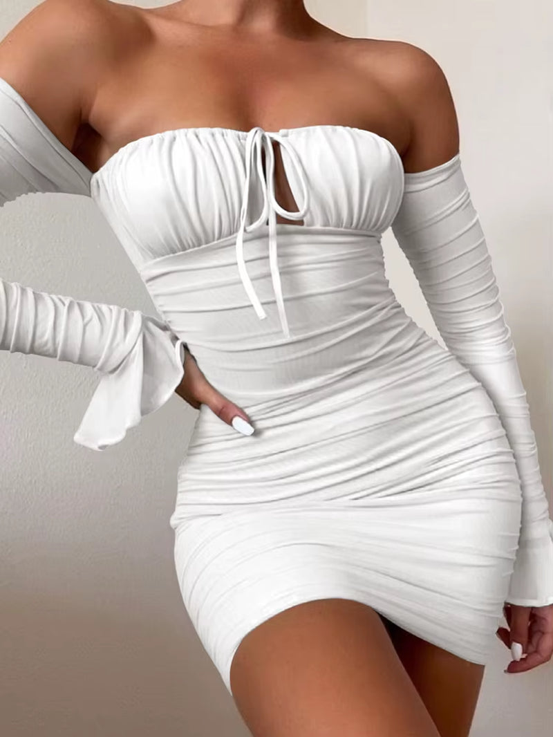 Perfect off Shoulder Long Sleeve Pleated Bodycon Short Dress for Women Lace-Up Ruched Vacation Dress Party Club Vestido