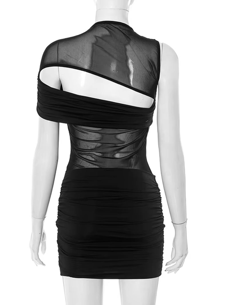 Women'S Sheer Mesh Patchwork Cut-Out Slim Short Dress Glam See-Though Ruched Party Dresses Night Out Vestidos Clubwear