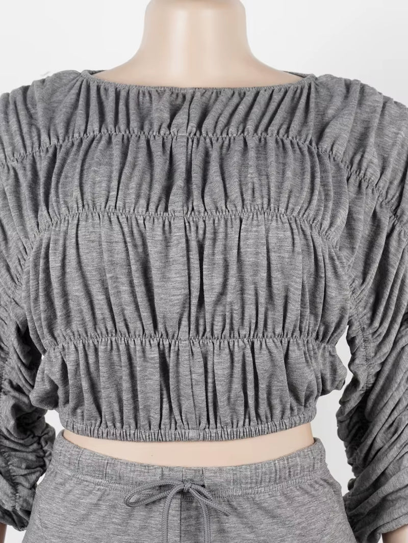 Trendy Ruched Matching Set for Women Pleated Crush Crop Top and Wide Legs Pants Set Evening Out Outfits Night Clubwear