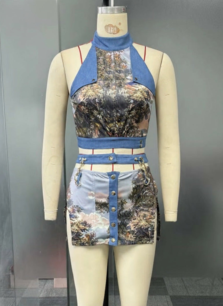 Elegant Lace-Back Printed Beach Two-Piece Dress Women Sets Chic Hollow Out Metal Chains Corset Tops and Skirt Outfits