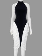 Two-Tone Masterpiece Women'S Halter Neck Ruched Midi Dress Elegant Female Patchwork Night Out Dress Clubwear Vestidos