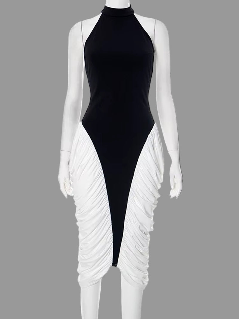 Two-Tone Masterpiece Women'S Halter Neck Ruched Midi Dress Elegant Female Patchwork Night Out Dress Clubwear Vestidos