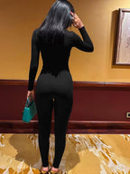 Hot Women'S Cutout Buckle Draped Skinny Jumpsuits One Piece Outfits Fashion Long Sleeve Metal Romper Night Out Overalls