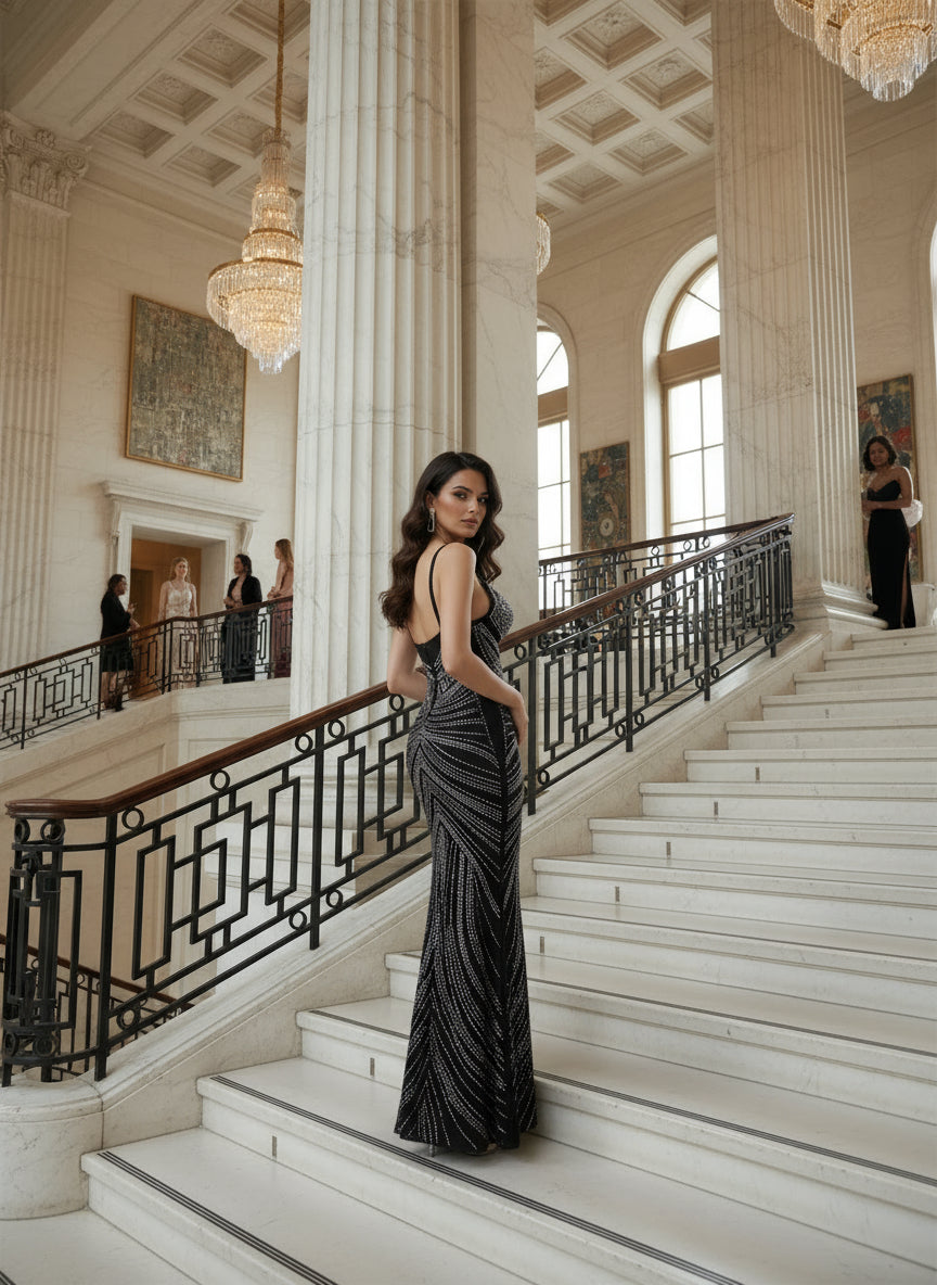 Gorgeous Black Mesh Rhinestone Underwire Mermaid Gown Summer Women Sheer Mesh Crystal Party Dress Celebrities Outifts