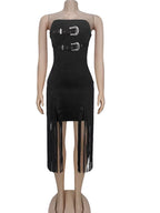 Luxury Birthday Dress Woman Glam off Shoulder Buckle Fringed Suede Midi Dress Chirstmas Outfits Night Clubwear Vestidos