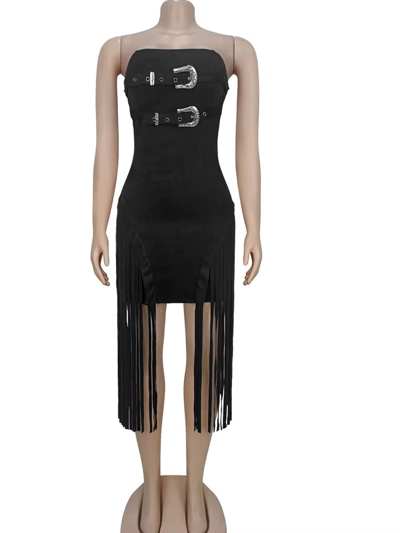 Luxury Birthday Dress Woman Glam off Shoulder Buckle Fringed Suede Midi Dress Chirstmas Outfits Night Clubwear Vestidos