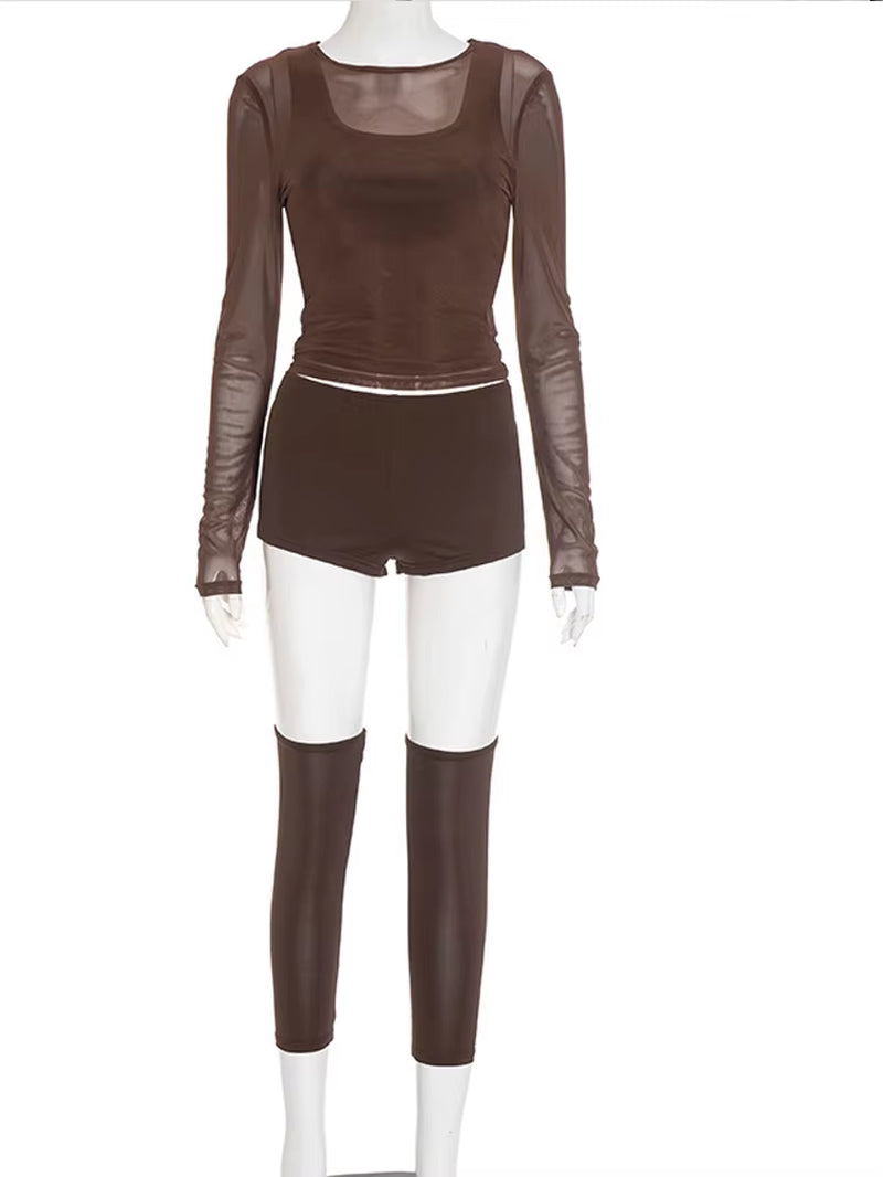 Casual Womens Sheer Mesh Co-Ord Set 4 Pieces Outfits Sexy Night Out Overalls Female Clubwear Suits Set with Socks