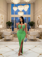 Women'S Cut-Out Ruched Maxi Dress Orange Sexy Halter Neck Backless High Slit Bandage Party Dresses Birthday Outfits