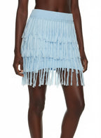 Womens Sheer Mesh Oversize Blouses Top+Crochet Fringed Mini Skirts Set Blue Holiday Outfits Female Beach Cover-Up Set