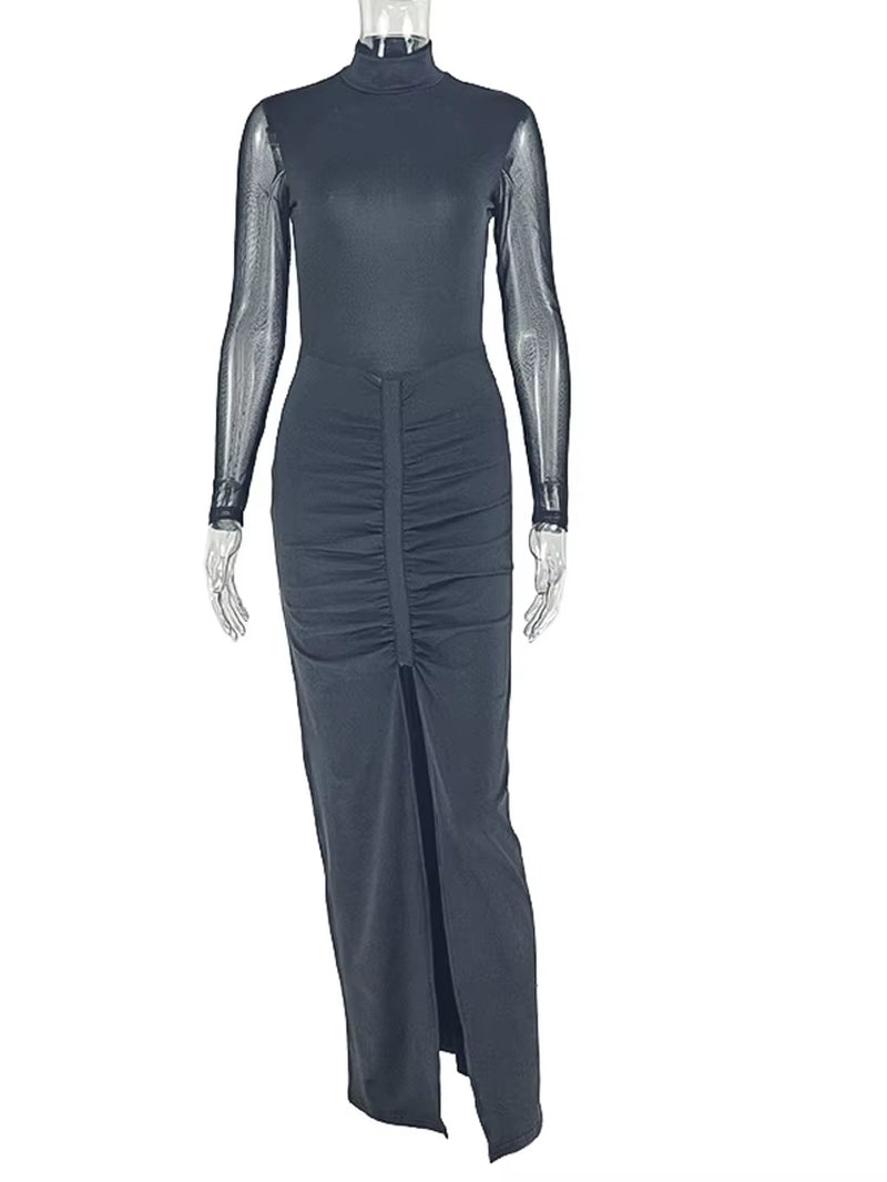 Perfect Mock Neck Open Back Sheer Mesh Ruched Maxi Dress Womens Long Sleeve Pleated Night Out Dress Female Vestidos