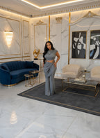 Trendy Ruched Matching Set for Women Solid Crop Top and Pleated Crush Cut-Out Metal Pants Set 2 Piece Outfits Clubwear