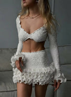 Elegant Long Sleeve Ruffle Solid Crop Top and Matching Set Holiday Outfits Chic Womens Pleated Lace Two-Piece Dress Set