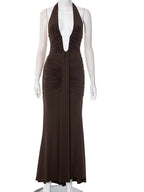 Gorgeous Womens Halter Plunging V Neck Ruched Long Straps Maxi Dress Holiday Outfits Sexy Backless Pleated Party Dress